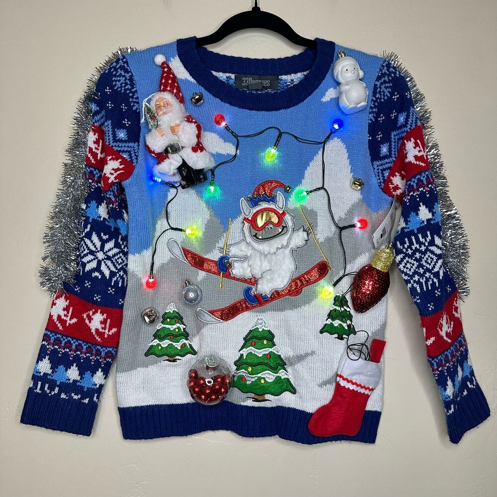 Ugly Christmas Sweater LIGHTS UP Tacky Tinsel Xmas Party Winner Kids Size Medium